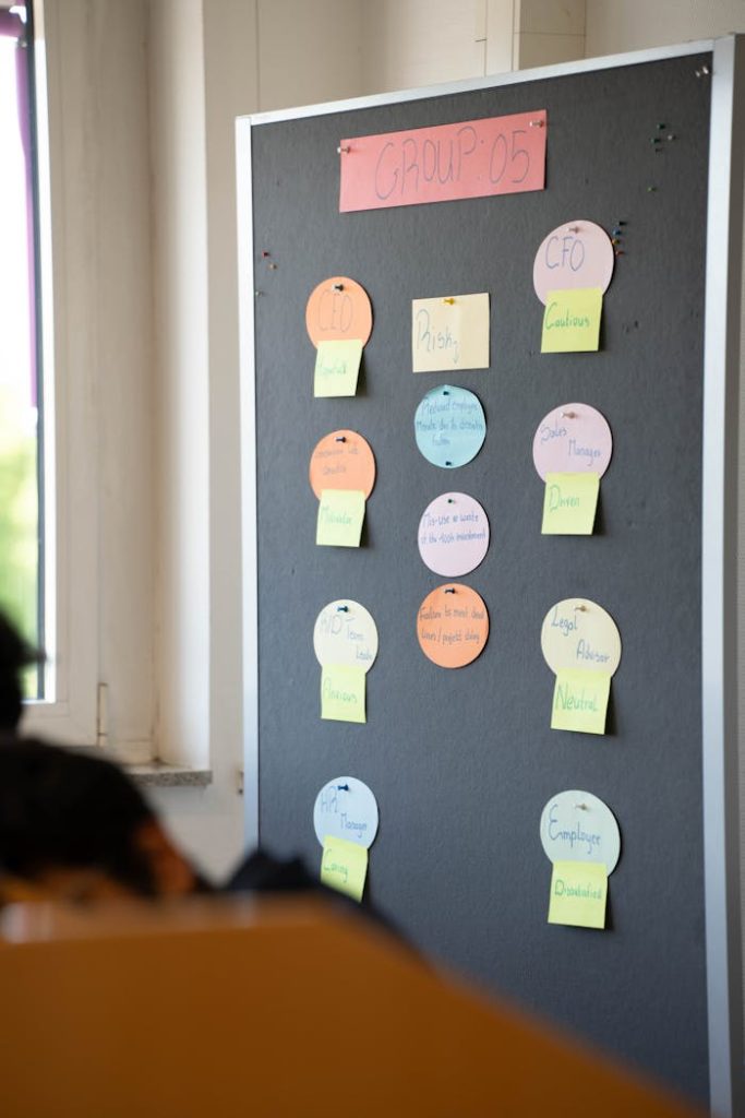 Photo of a bulletin board with colorful sticky notes in an office setting.
